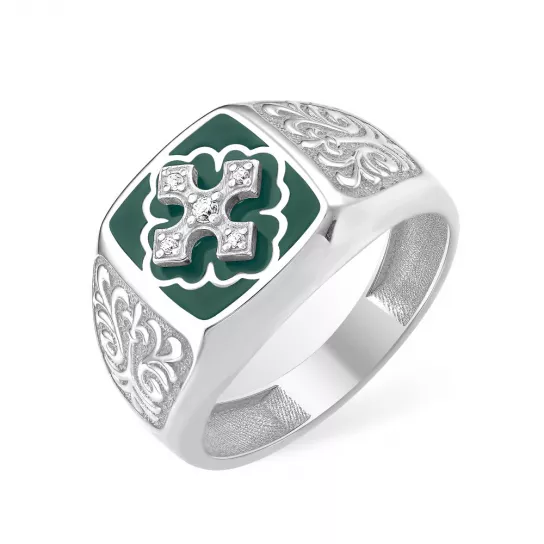 Кольцо-печатка с эмалью и фианитом из серебра