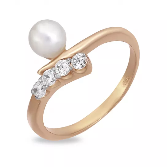 Кольцо с жемчугом и фианитом из золота